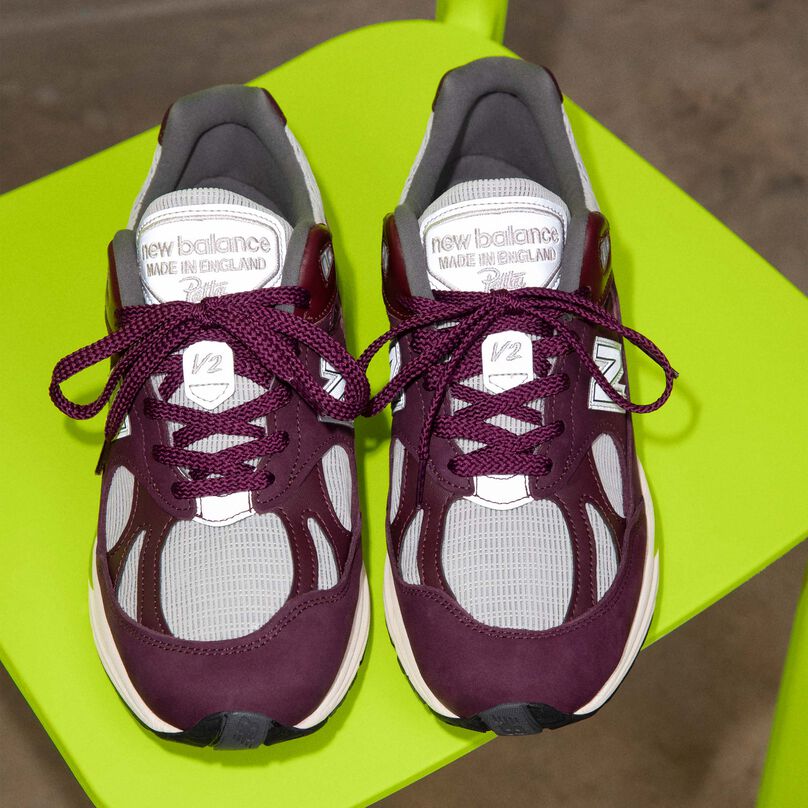 Close up image of the top of a pair of Patta & New Balance MADE in UK 991v2